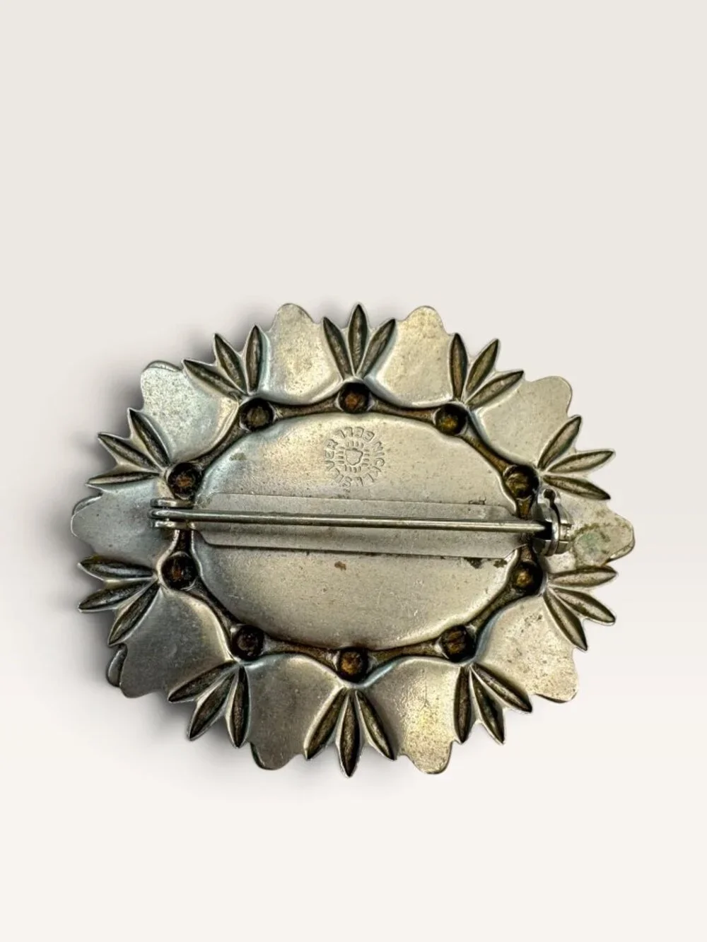 Bell Trading Post Vintage Southwestern Faux Turquoise Nickel Silver Brooch 1.77
